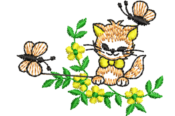 Cat with Butterflies Embroidery Design