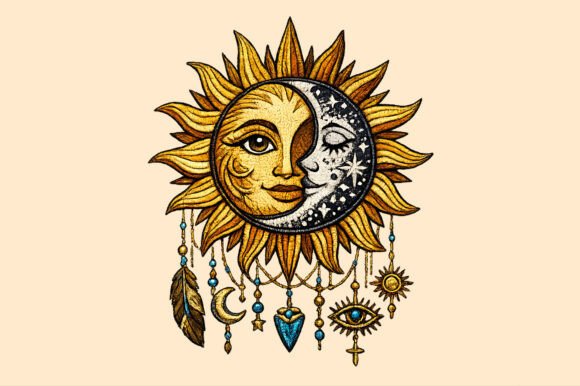 Sun and Moon Face Stars Embroidery PNG